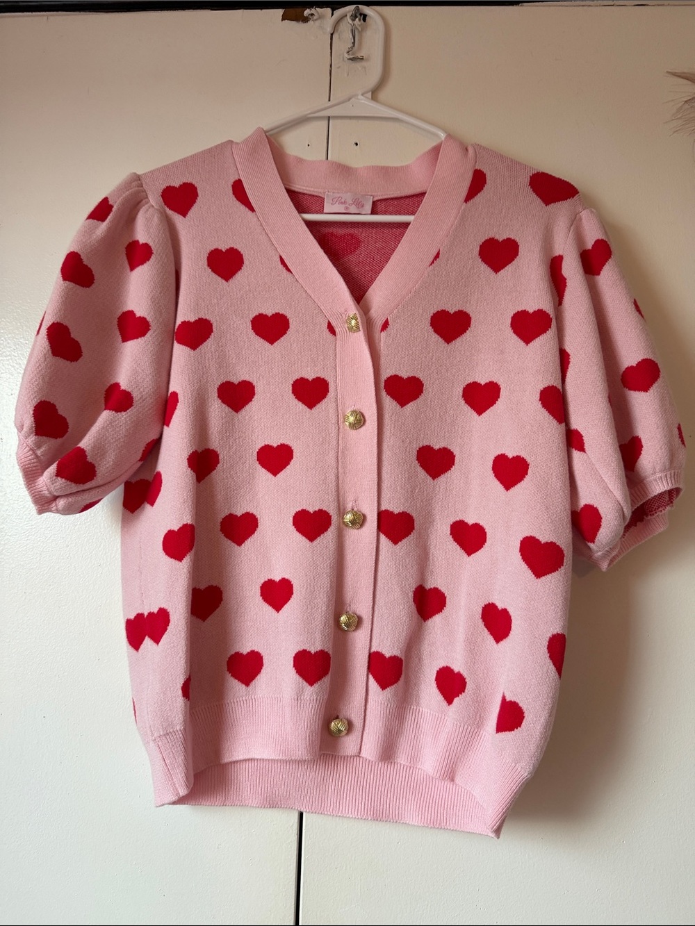 Pink Lily Pink Cardigan with Red Heart Print and Gold Buttons